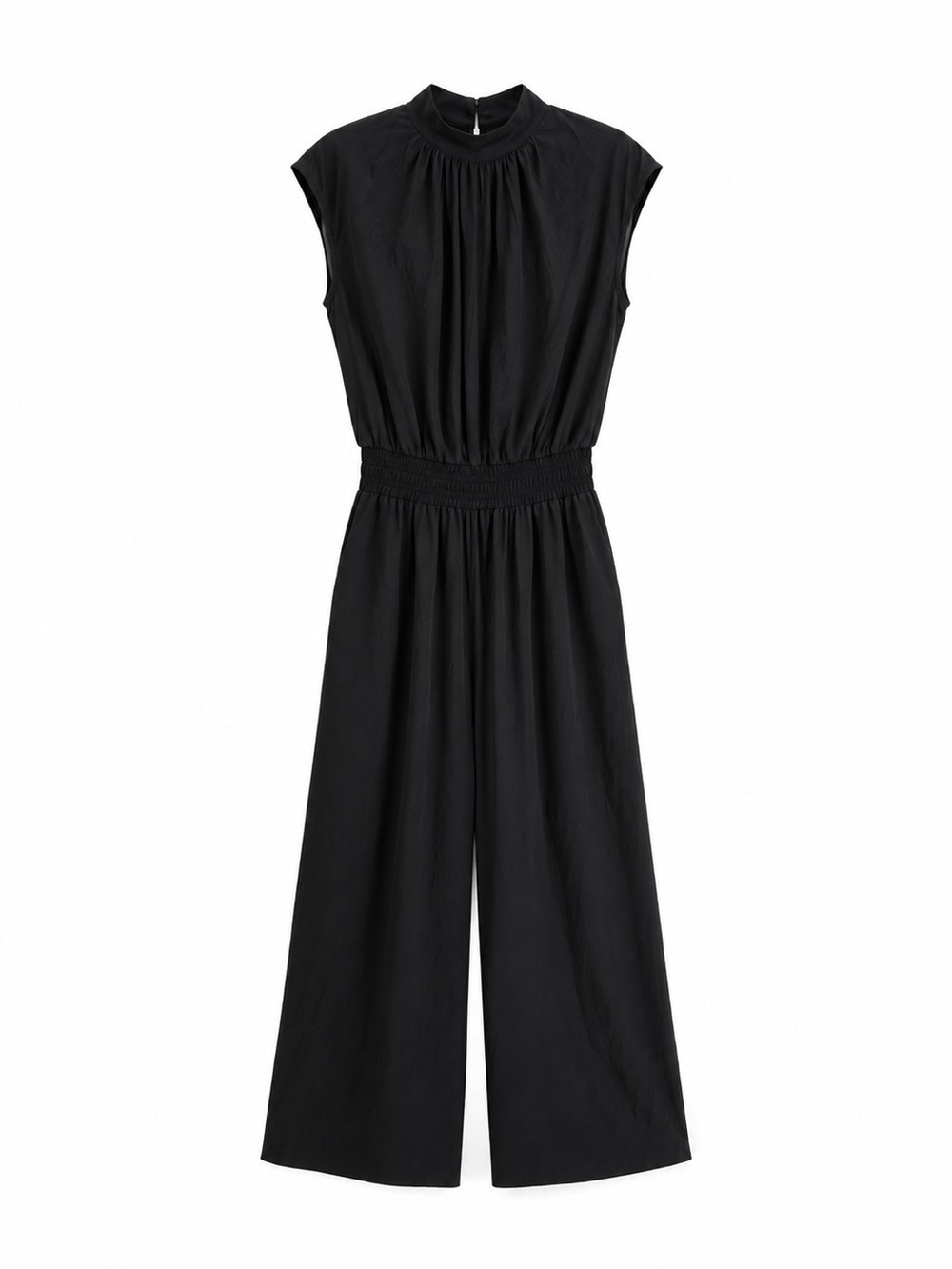 Halara Mock Neck Keyhole Back Cap Sleeve Wide Leg Jumpsuit Black Pockets